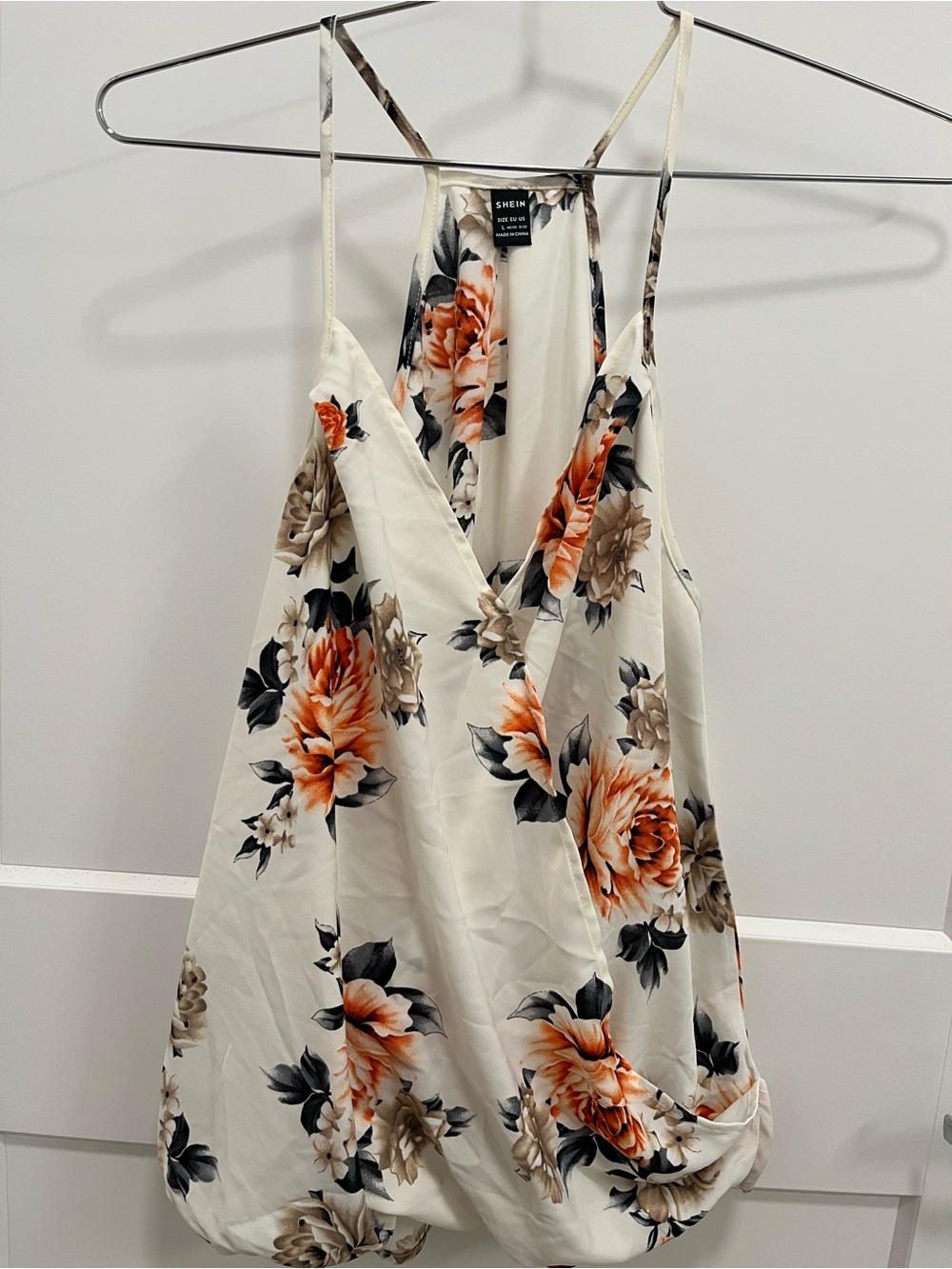 SHEIN Ivory Floral Spaghetti Strap Top with Orange & Black Print